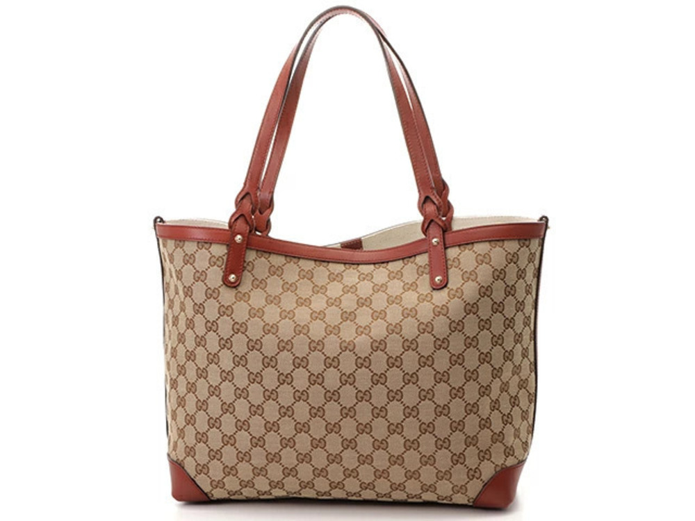 Gucci GG Shoulder Tote Brown Beige Cream Canvas Calfskin